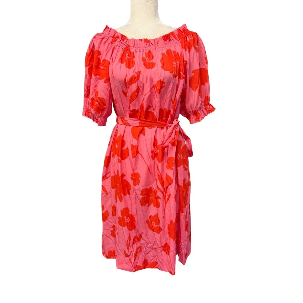 Mersea Womens Midi Dress Size L Floral Off‎ Shoulder Short Puff Sleeve Feminine
